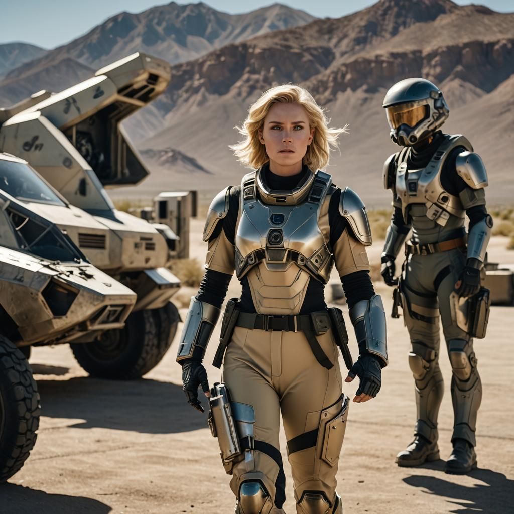 Female Commander and Space Marines at Spacecraft