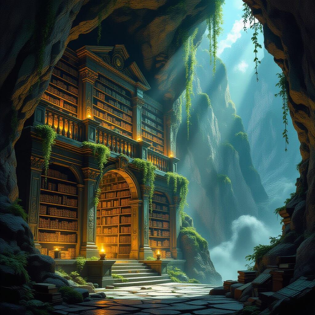 Ancient Mountain Library of Glowing Books
