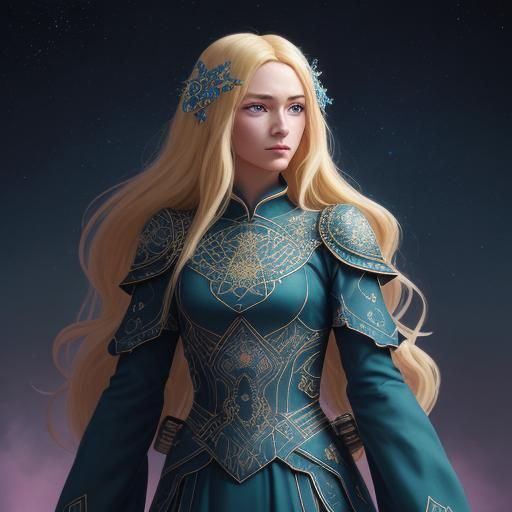 Fantasy Heroine in ASCII Art Landscape, Detailed Illustratio...