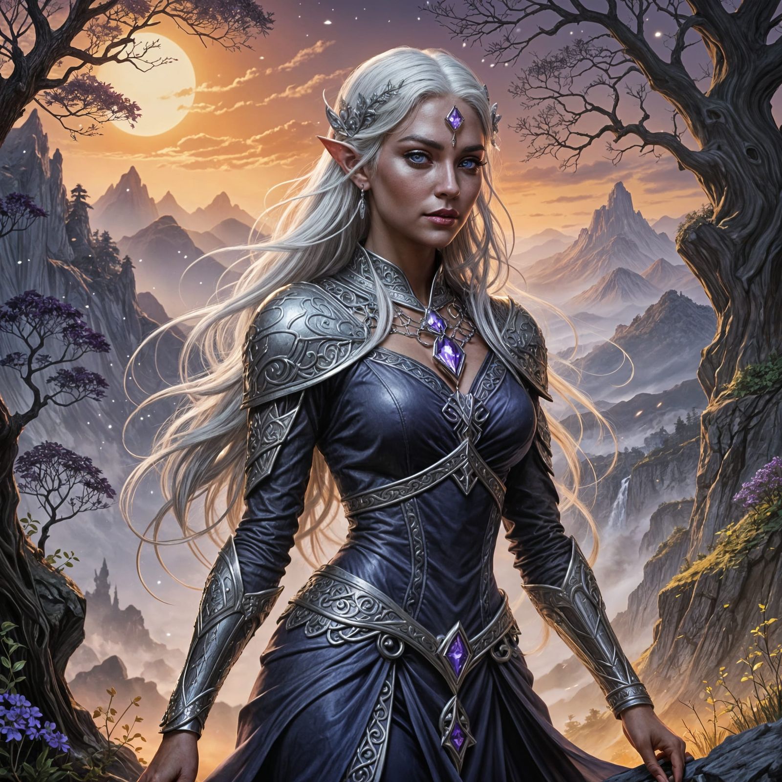 Drow Sorceress Conjures Earth Elementals in Majestic Armor