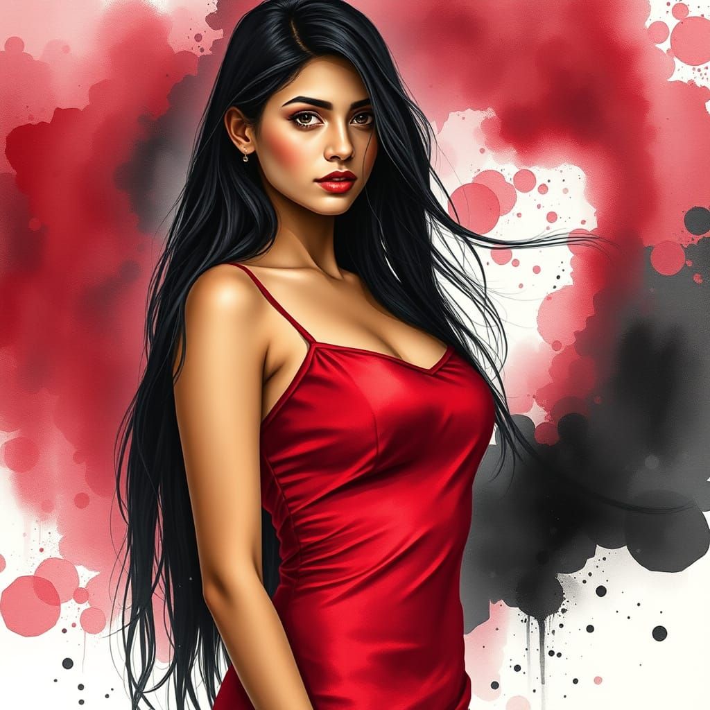 Mumbai Woman in Crimson Dress: Watercolor Art