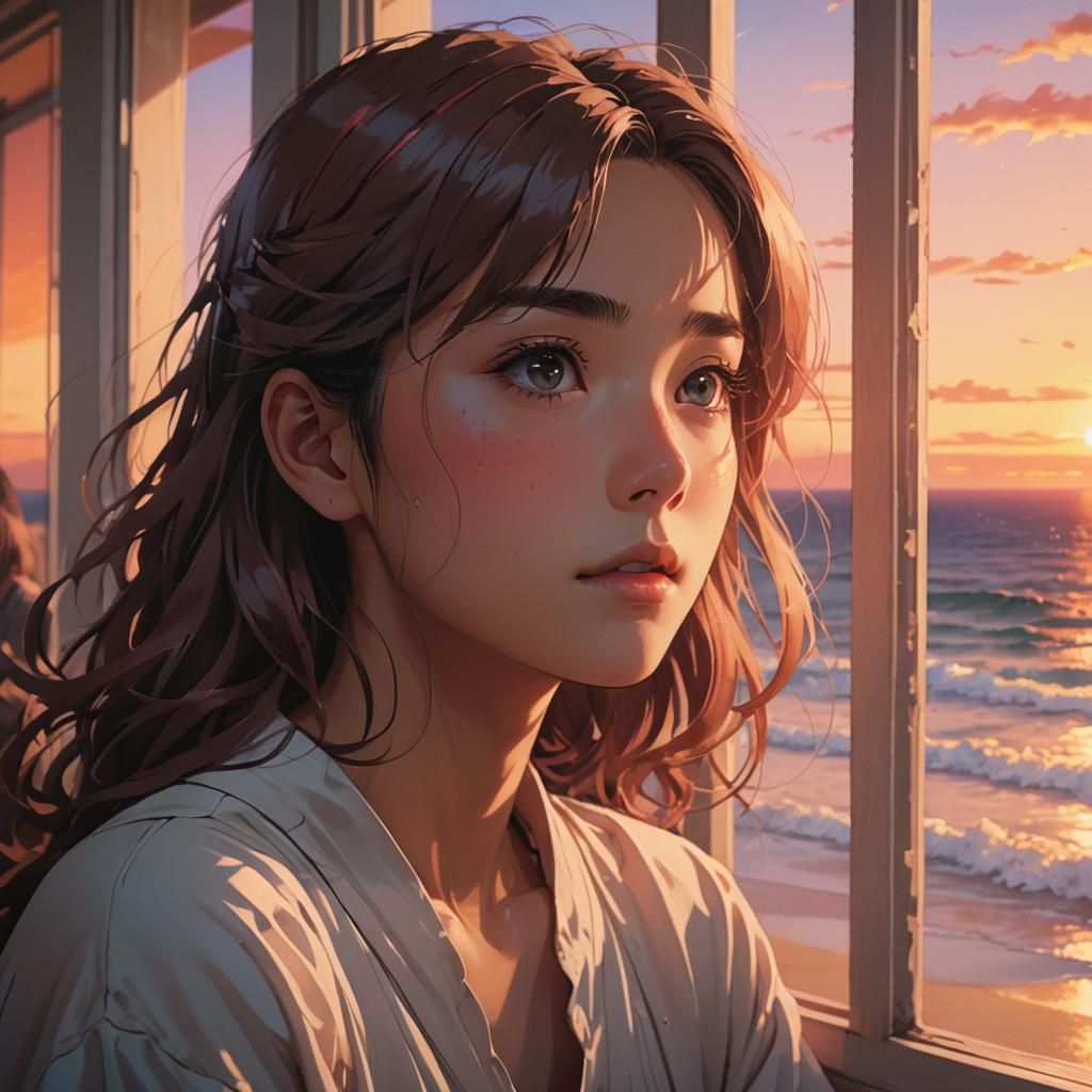 Anime Woman Gazing at Sunset, Cel-Shaded Style