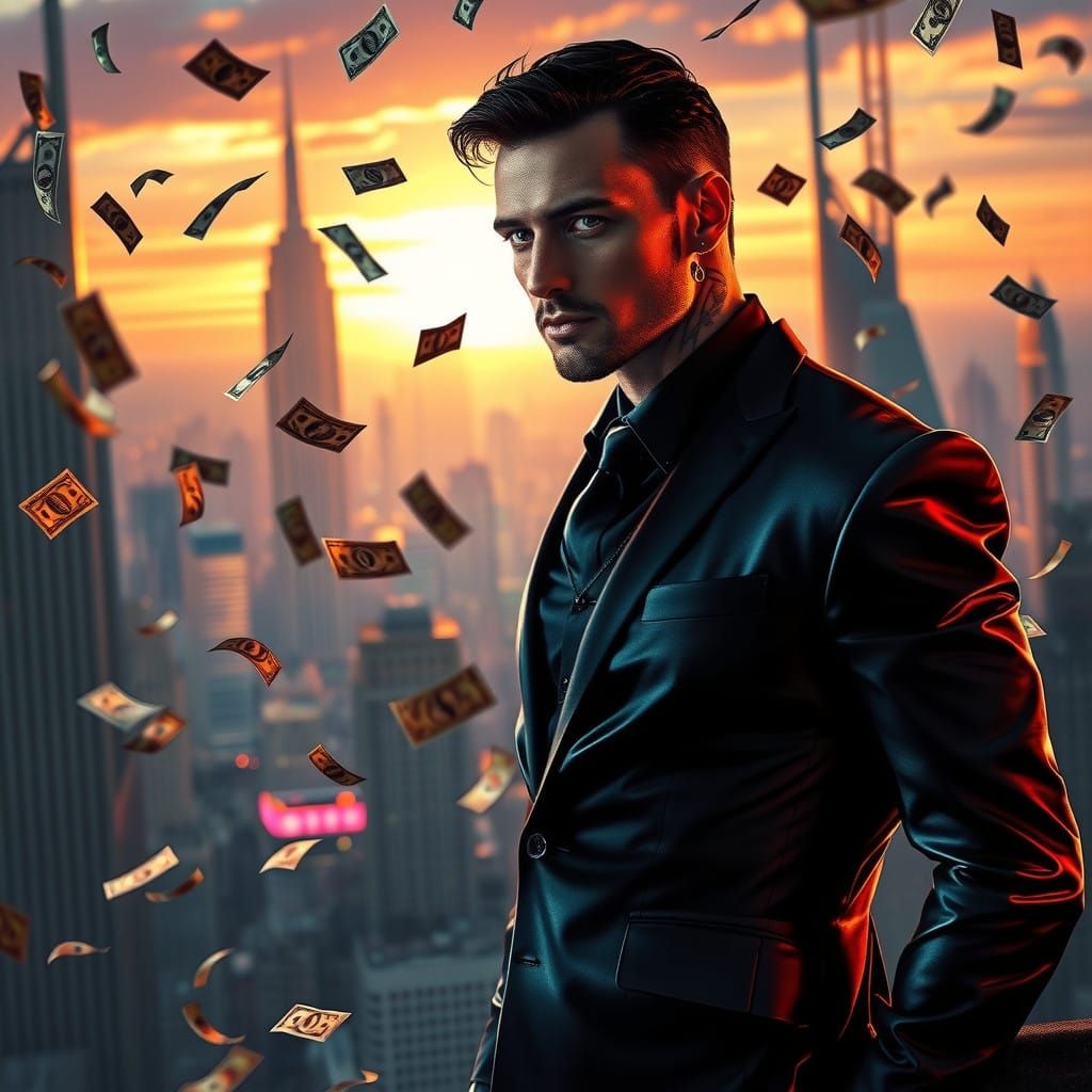 Powerful Figure Dominates Futuristic Cityscape in Triadic Co...