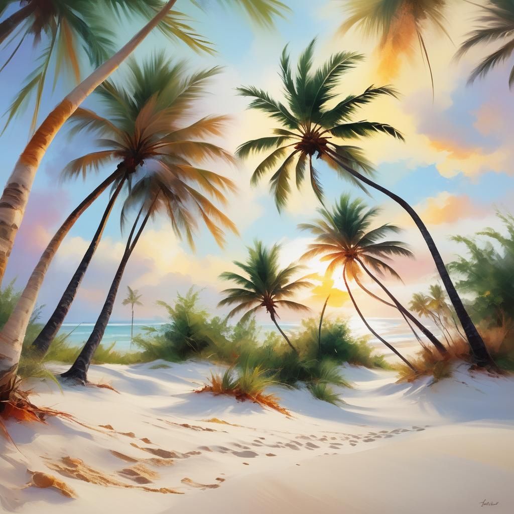 Tropical Beach: Impressionist Palm Trees at Sunset
