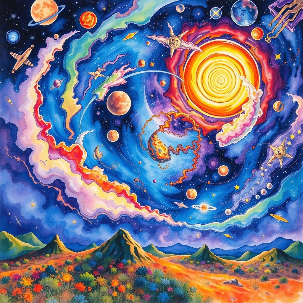 Surreal Sunny Night Scene in Whimsical Watercolor Style