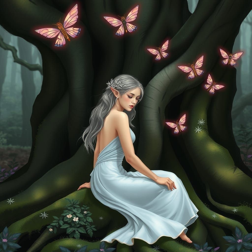 Sad Elf with Fairies in Fantasy Forest