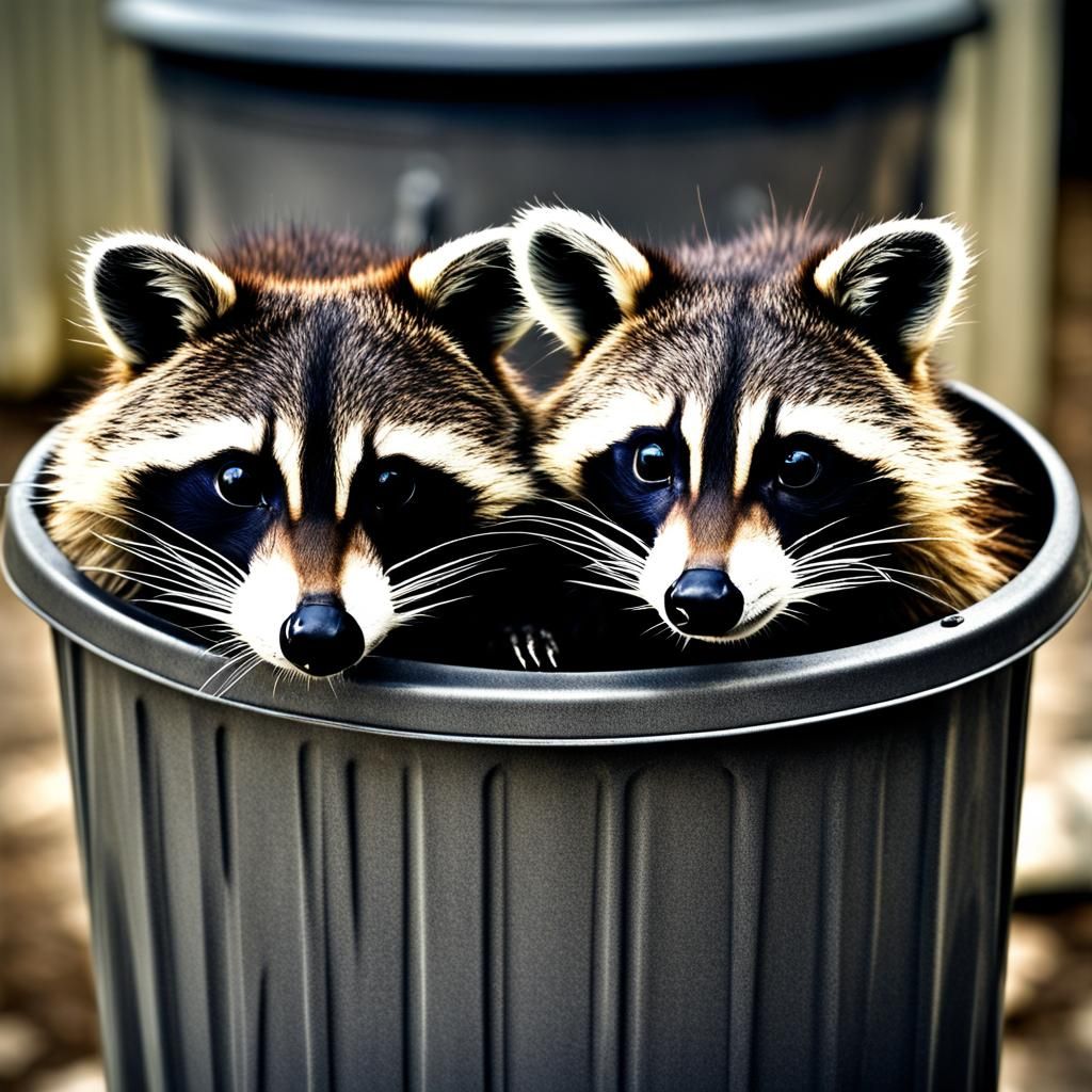 Hyperrealistic Raccoons on Trash Can in HDR
