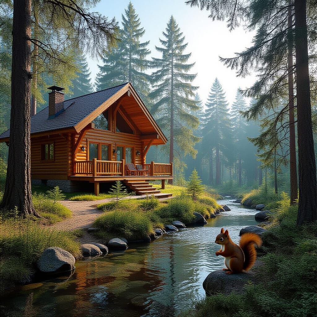 Idyllic Forest Cabin Retreat with Squirrel