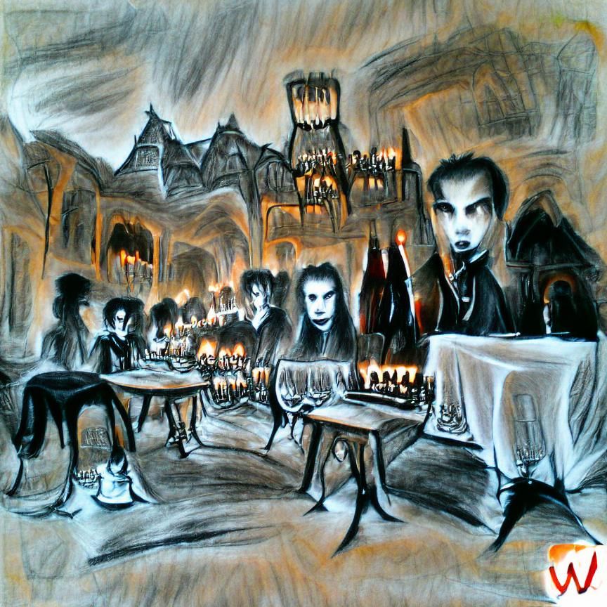 Gothic Castle Hall at Night: Charcoal Drawing