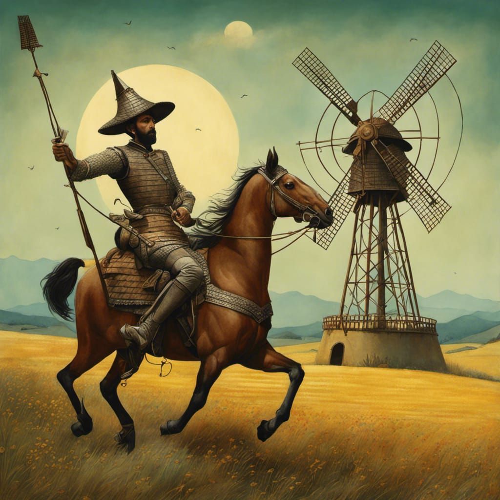 Don Quixote's Windmill Attack: A Surreal Illustration