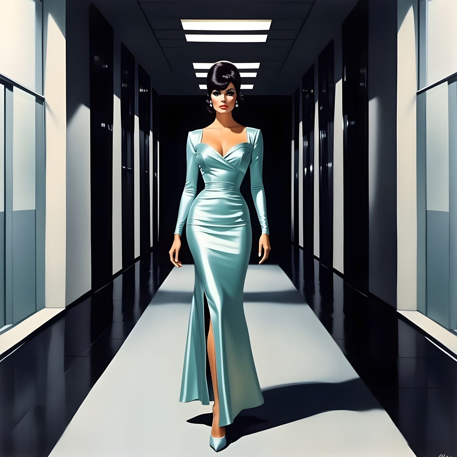 Elegant Woman in 1960s Civic Center, Syd Mead Style
