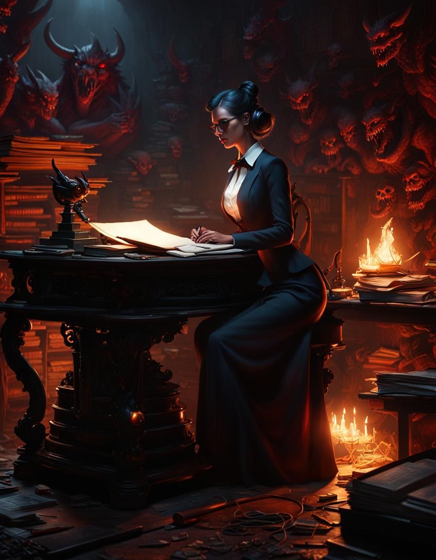 Infernal Secretary: Dark Fantasy Office Scene