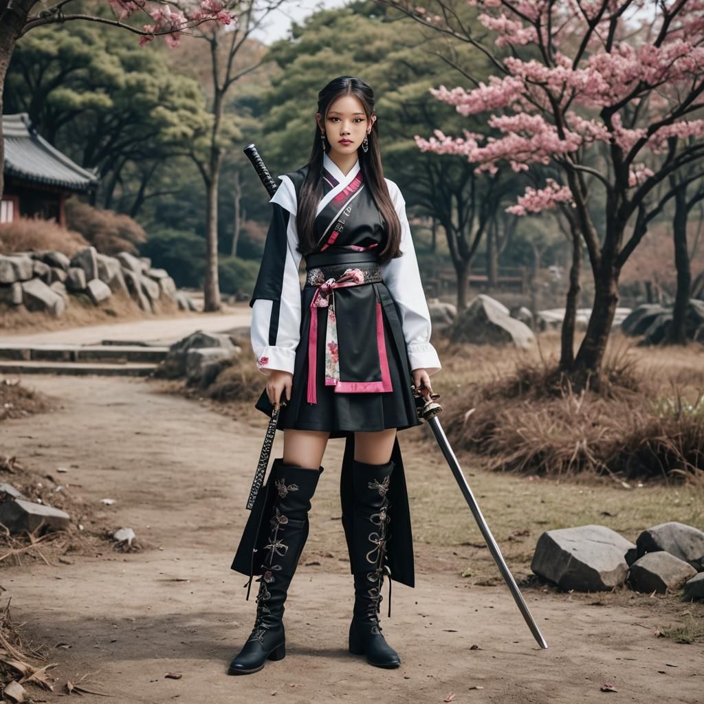 Woman in Hanbok with Katana, Sharp Focus UHD Portrait