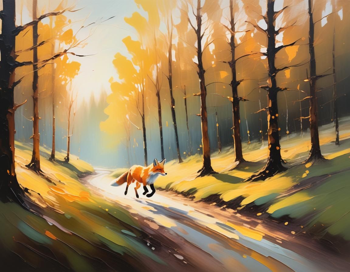 Fox Running Through Forest in Oil Painting