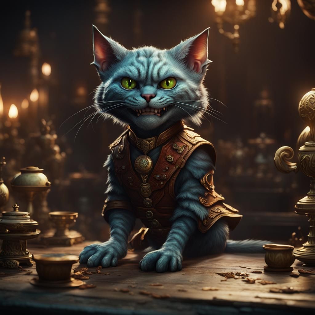 Evil Gremlin Cat Smiling: Detailed Fantasy Art