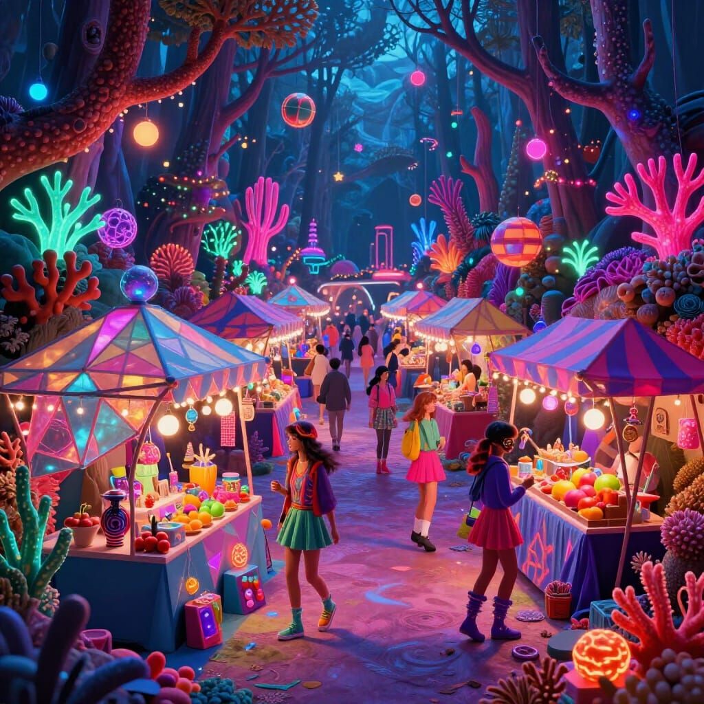 Kitschy Holiday Market in Surreal Coral Forest