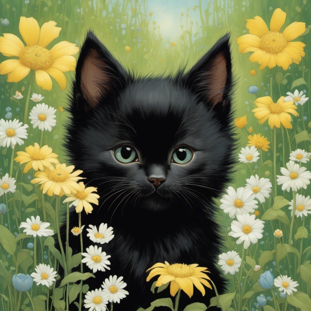 Black Kitten in Spring, Whimsical Fairytale Art