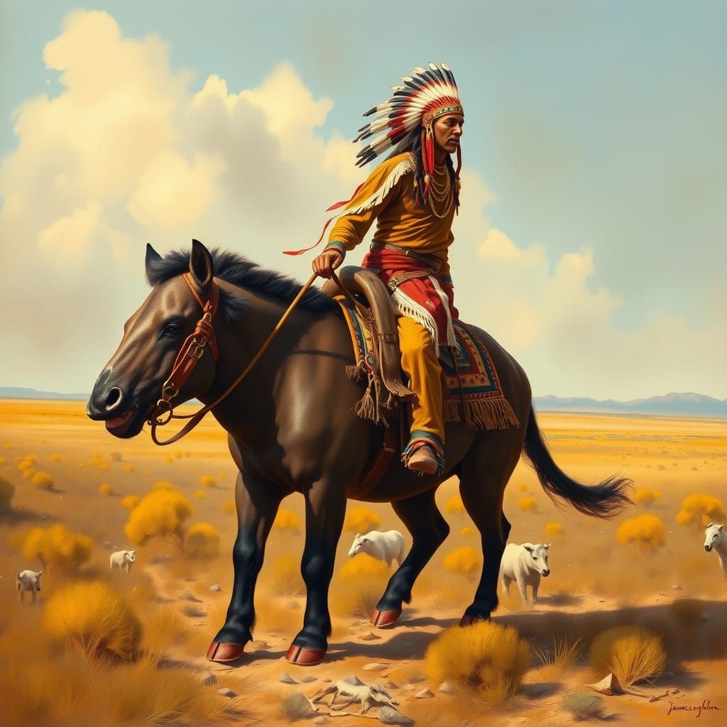 Native American Chief Rides Tapir Through Wild West Plains