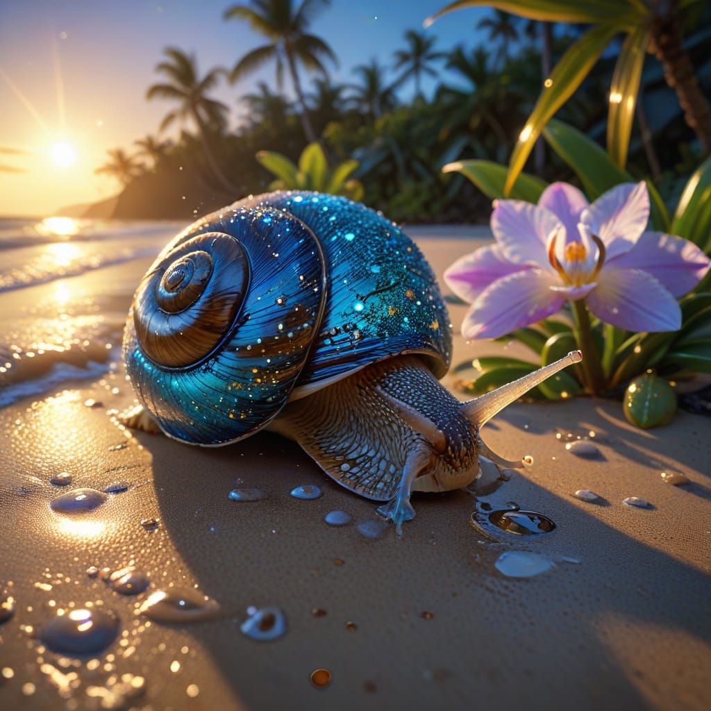 Bioluminescent Beach: Snail and Orchid in Anime Style