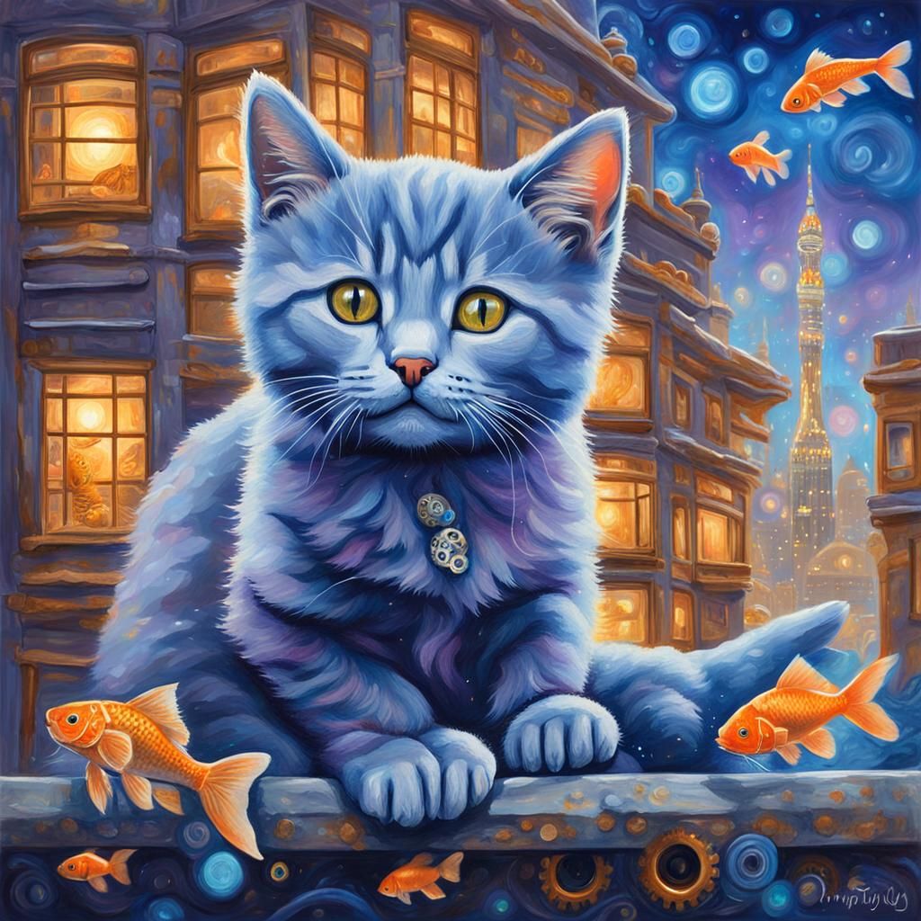 Clockwork Koi and Kitten in Dreamlike Acrylic Painting