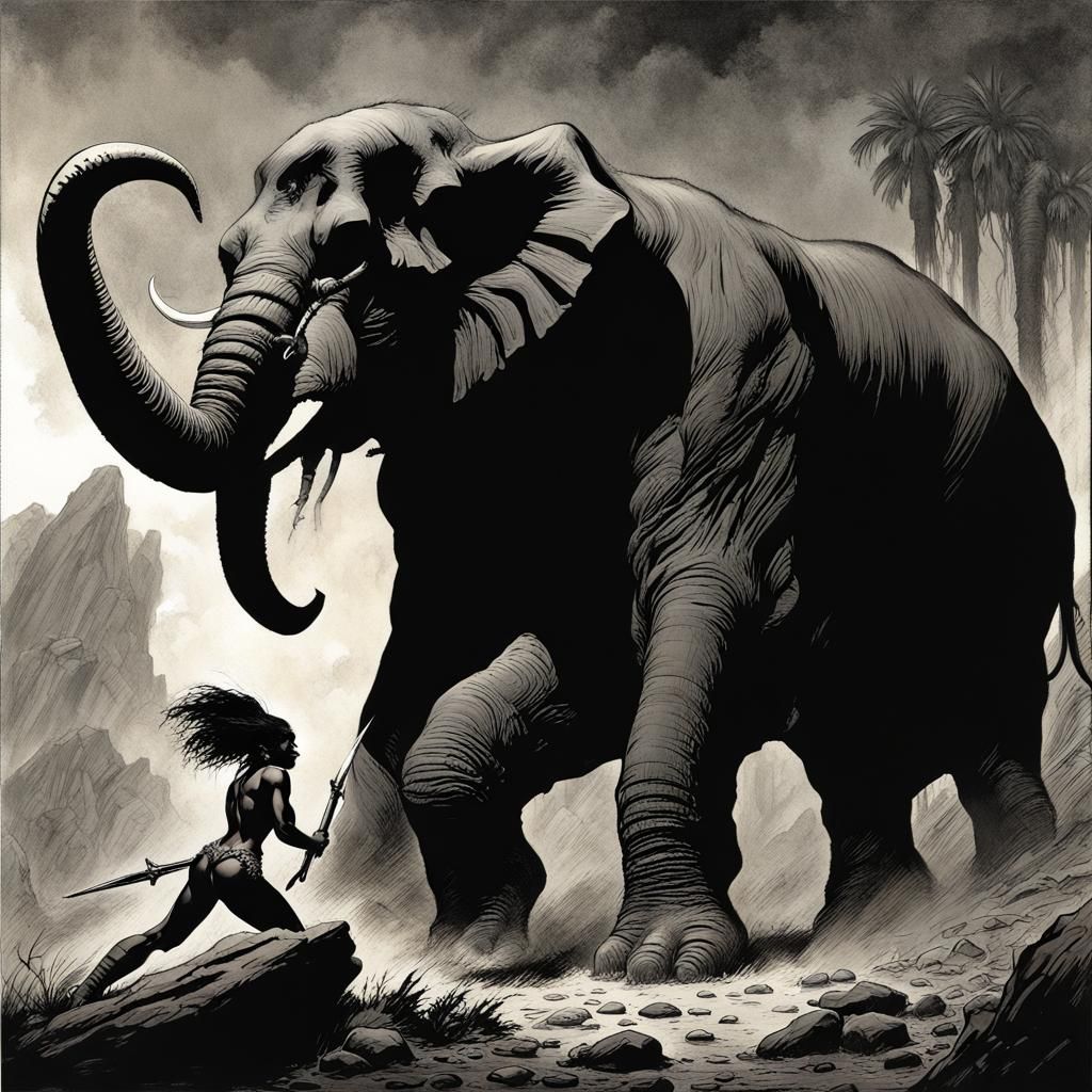 Zulu Warrior Confronts Cyclops Elephant in Dark Fantasy Art