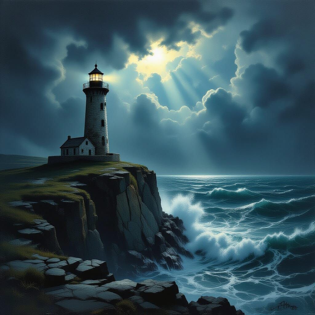 Lone Lighthouse in Stormy Sea, Caravaggio Style