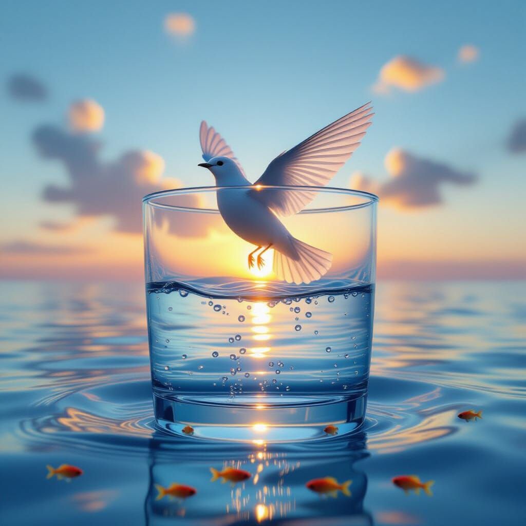 Transparent Bird Emerges from Glass of Water