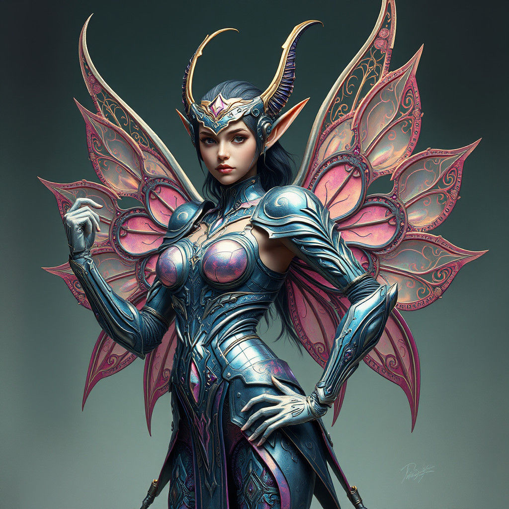 Futuristic Elf Warrior with Metallic Wings