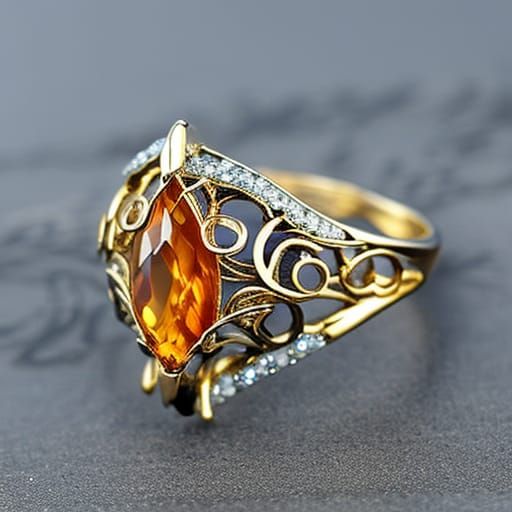 Ornate Elven Ring with Amber, Macro Photography