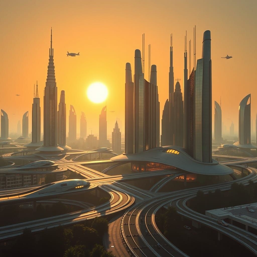Futuristic Metropolis with Flying Vehicles in Sci-Fi Style