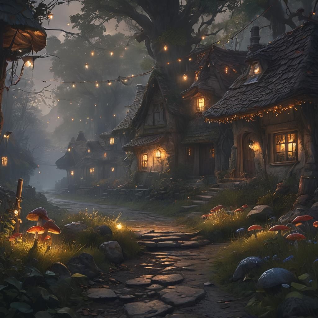Enchanted Forest Village at Dusk as Oil Painting