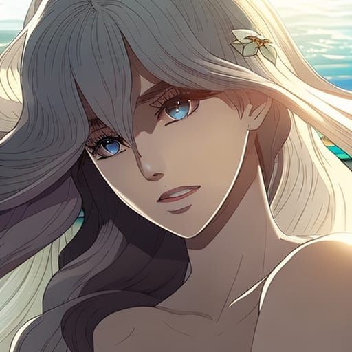 Beautiful Siren Dancing on Beach, Manhwa Style Art