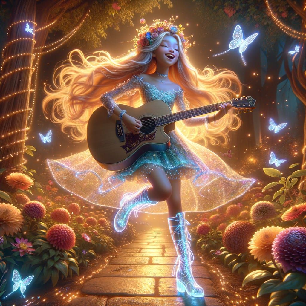 Glowing Girl Plays Guitar in Magical Flower Garden