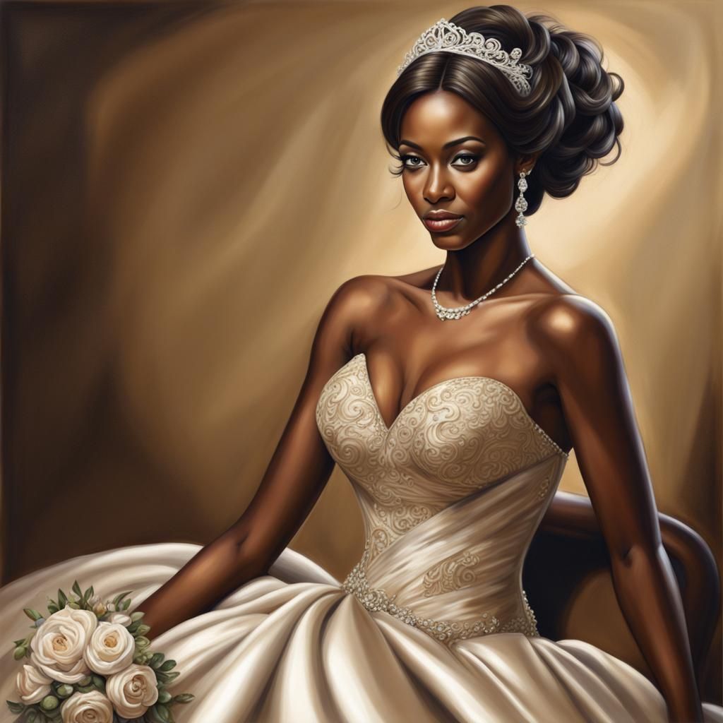 Beautiful Dark Mocha Bride in Golden Gown