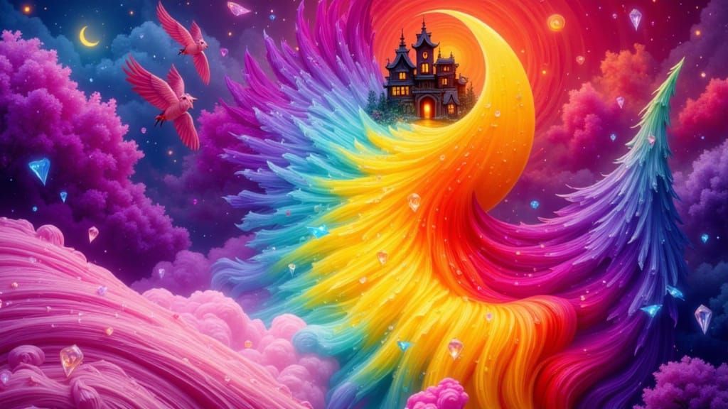 Miniature Village in Crescent Moon, Impasto Painting