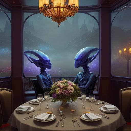 Aliens on a Date in Restaurant, Ethereal Fantasy