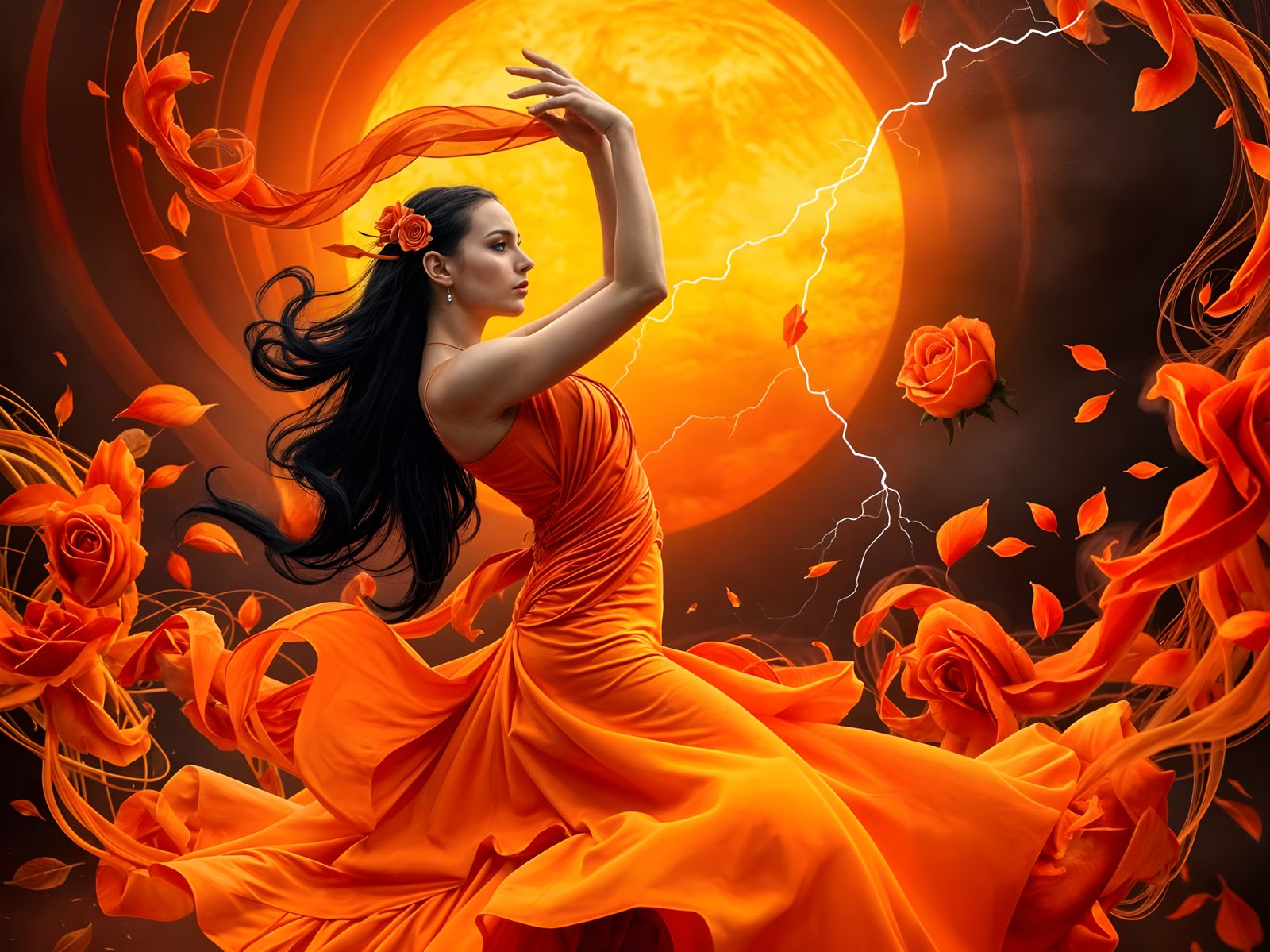 Spanish Dancer in Double Exposure with Fractal Sunset