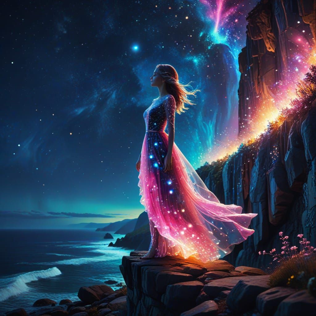 Stunning Starry Night Goddess in Vibrant Holographic Ballgow...