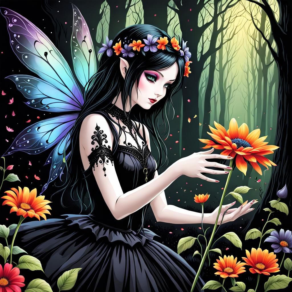 Gothic Woodland Fairy's Dark Magic Transforms Flower