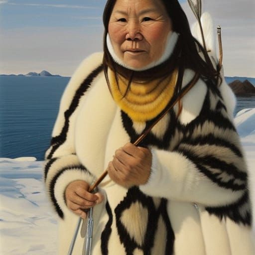 Inuit Woman Hunting with Sabertooth Tiger, Hyperreal Oil Pai...