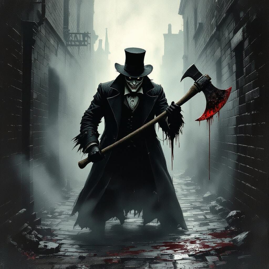Victorian Serial Killer With Bloody Axe in Foggy Alley
