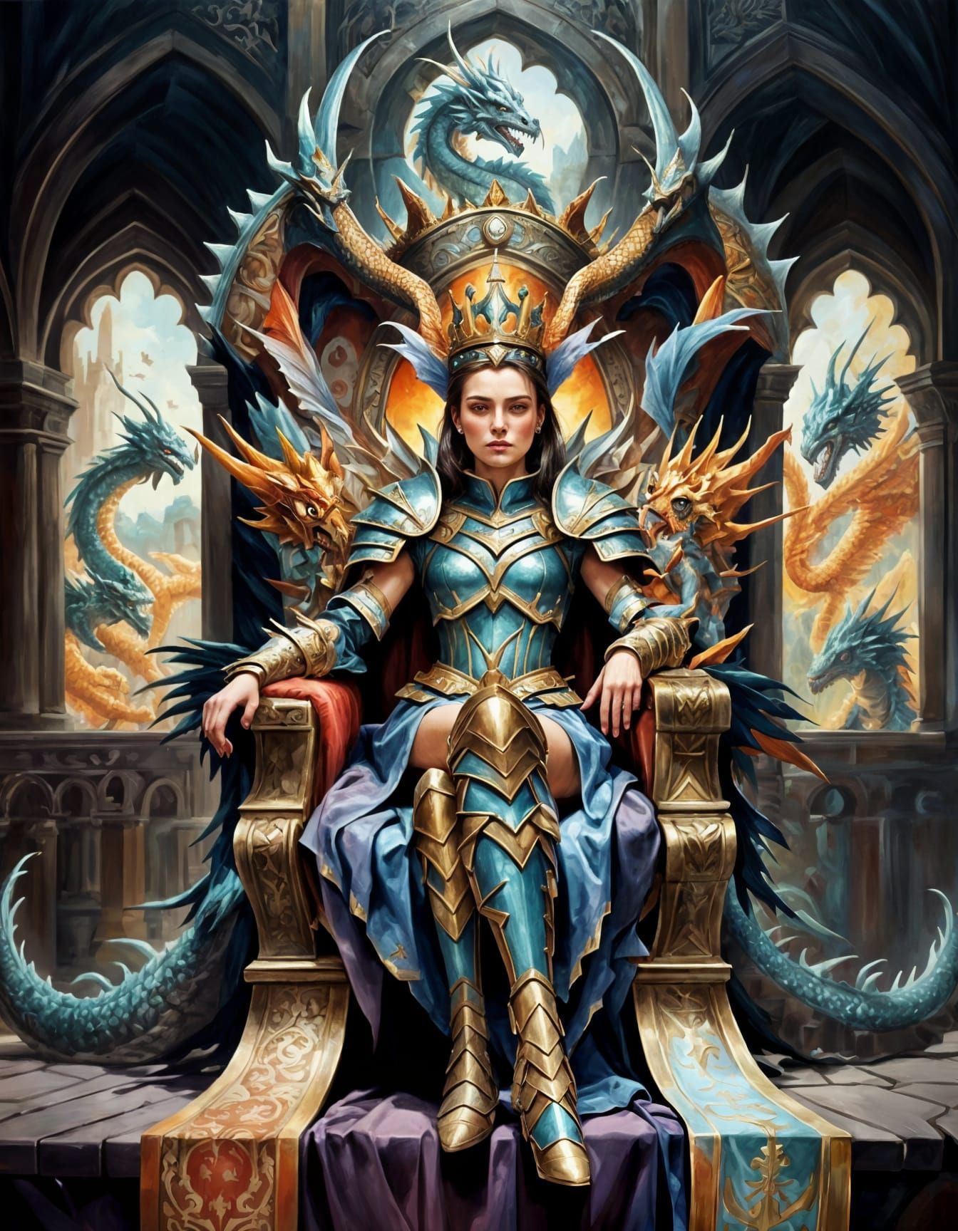 Fantasy Queen with Dragon on Throne, Oil Painting