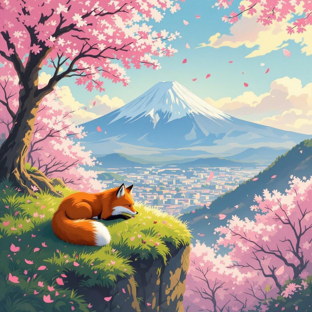 Peaceful Fox Overlooks Cherry Blossom Japan in Ghibli Style