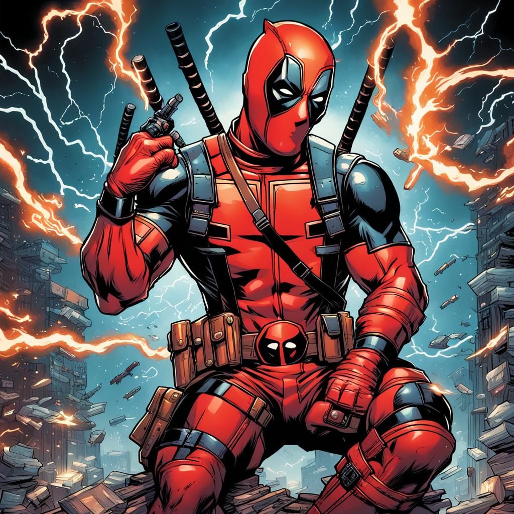Gigachad Deadpool in Thunderous Comic Art