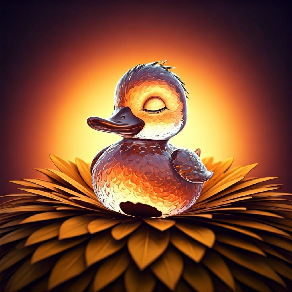 Glass Duckling Sleeping in Autumn Leaves: 3D Render