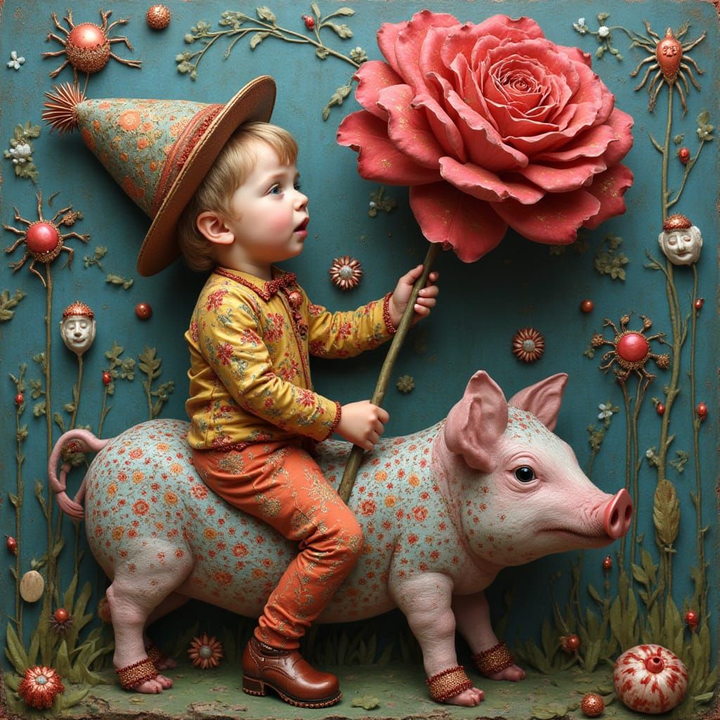 Child on Piglet with Ornamental Rose, Relief Style