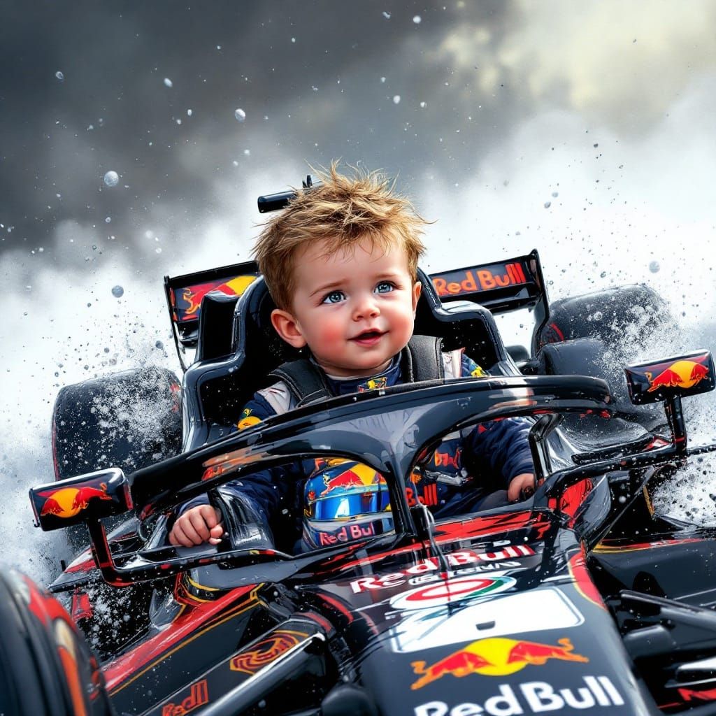 Baby Max Verstappen in His F1 Racing Car, a Comic Art Illust...