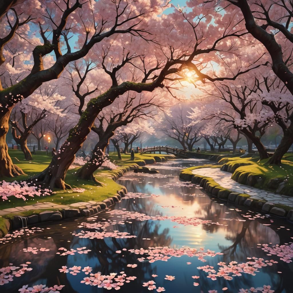 Cherry Blossom Park in Surreal Digital Landscape Art