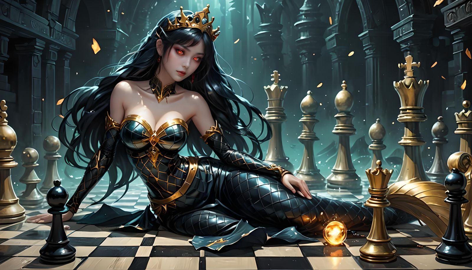 Anime Mermaid with Bioluminescent Hair in Chess Shop