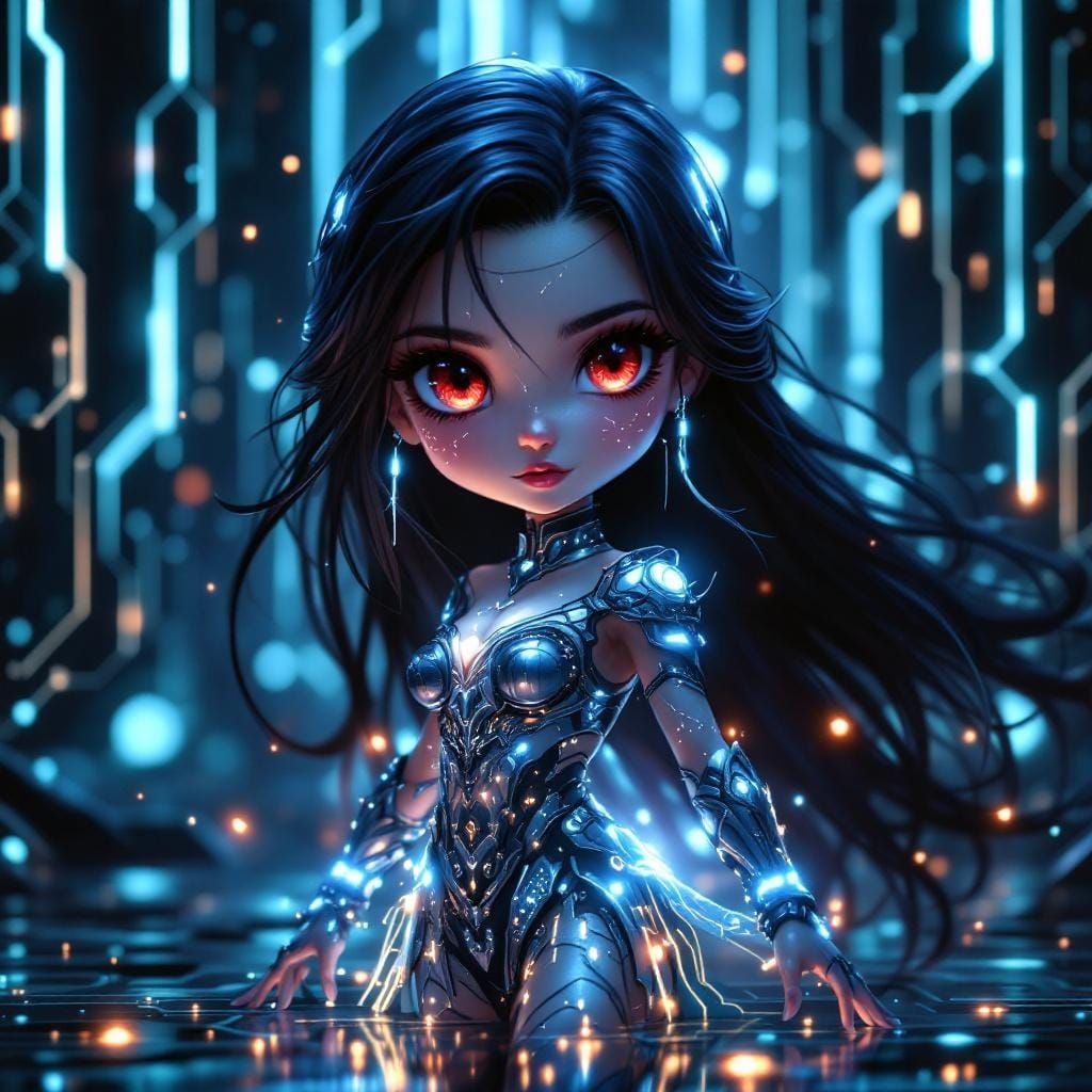Chibi Maiden in Cybernetic Armor, Oil Painting Style